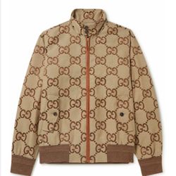 GUCCI - Logo-Jacquard Leather-Trimmed Cotton-Blend Canvas Bomber Jacket - Brown