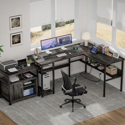 Reversible L Shaped Desk with Magic Power Outlets and USB Charging Ports, Sturdy Corner Computer Desk with Storage Shelves, Gaming Desk for Home Offic