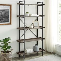 Walker Edison Furniture Company 68 in. Gray Wash/Black Metal 5-shelf Etagere Bookcase with Open Back
