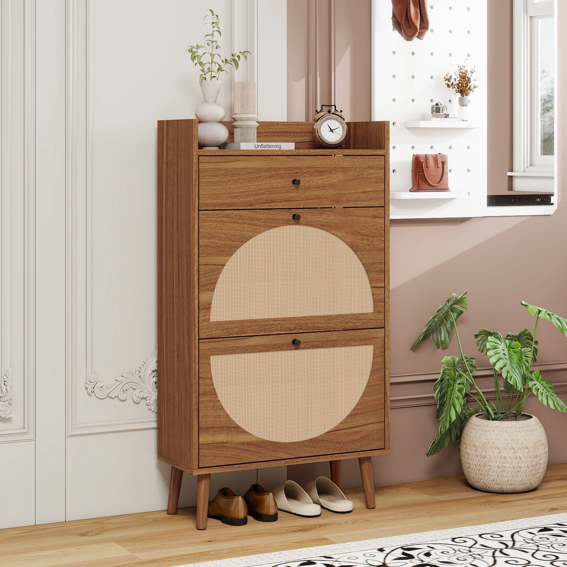 Homy Casa · Free Shipping · Walnut Grove Cabinet · Elegant Rattan Wooden Shoe Storage with Drawer