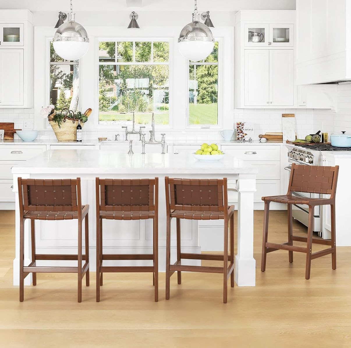 Set of 4,24"Counter Height Bar Stools Faux Leather Woven Counter Stool with Backs