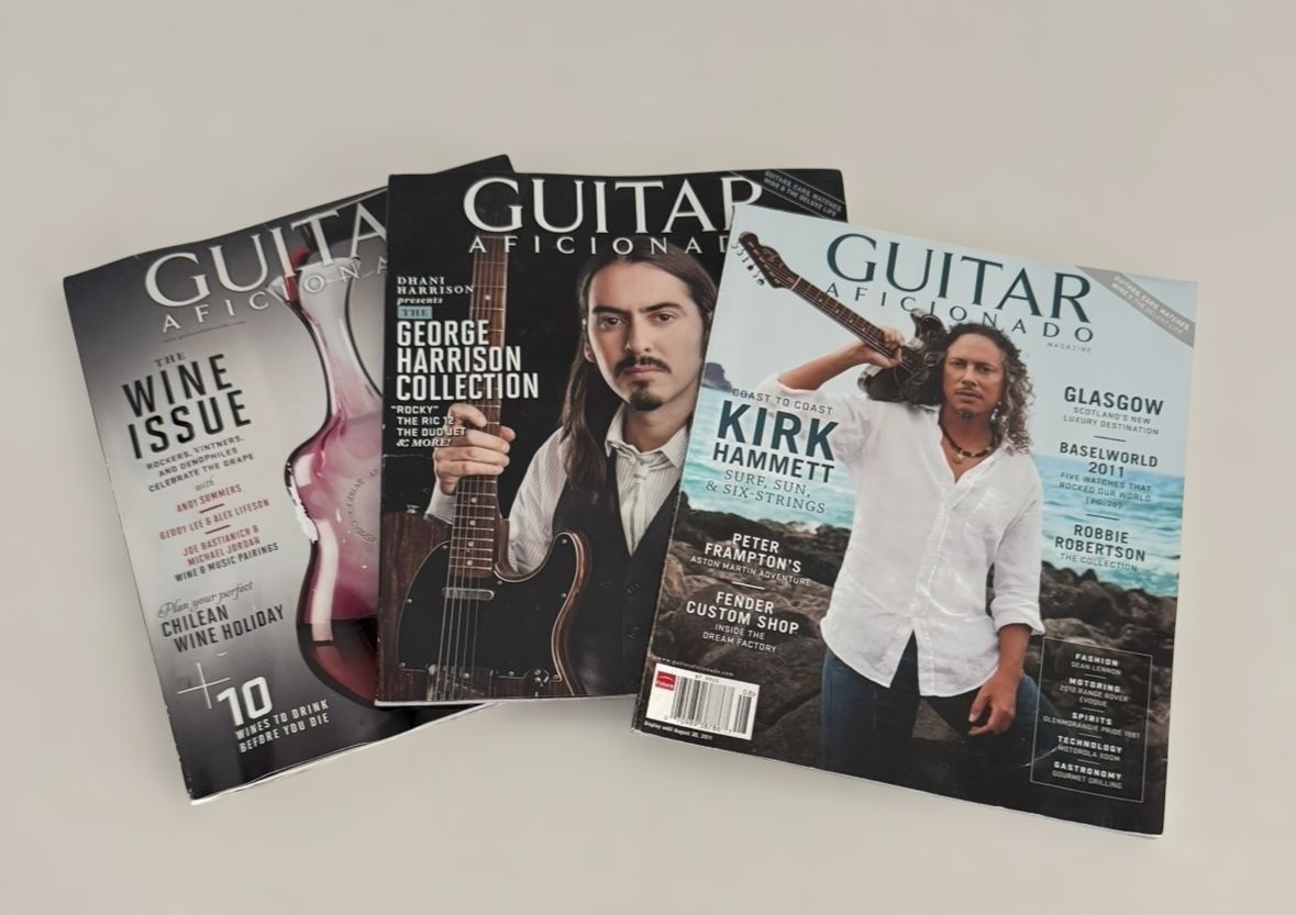 3 Guitar Aficionado Magazines- George Harrison, Kirk Hammett & Wine Issue