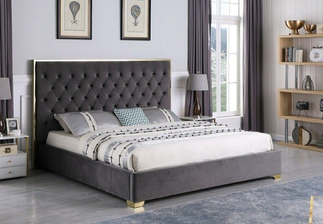 Brand New Gray Tufted Velour Bed with Stainless Steel Queen Size Bed Frame