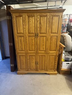 Oak Computer Armoire with Hidden Fold-Out Desk r