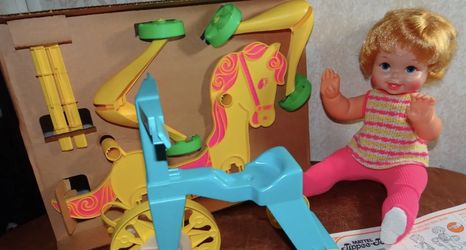 Vintage Mattel Tippee Toes Baby Doll New in Box w/ Trike