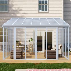 10×14 ft Enclosed Patio Cover with 3 Lockable Sliding Doors, All Season Sunroom with aluminum alloy frame ,Polycarbonate Roof and transparent solid PC