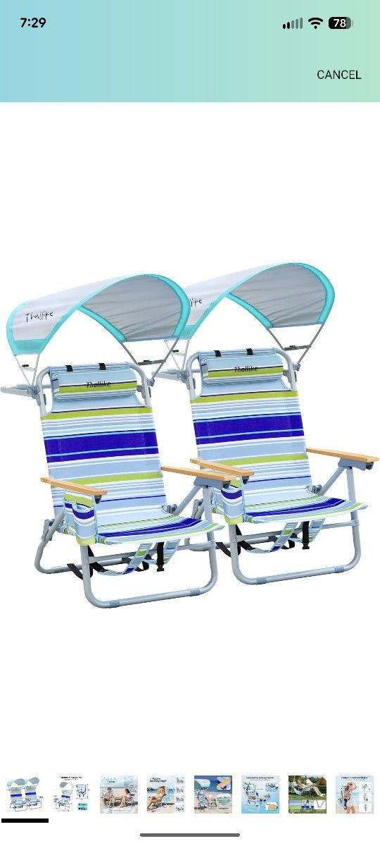 Thallike 2 Pack Backpack Beach Chairs with Canopy Headrest Cooler Bag Cup Holder Chair for Adults