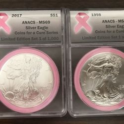 1998 & 2017  $1 Silver American Eagle - Pink Breast Cancer Ribbon ANACS MS69 Limited Edition To Only 1000 Very Rare 