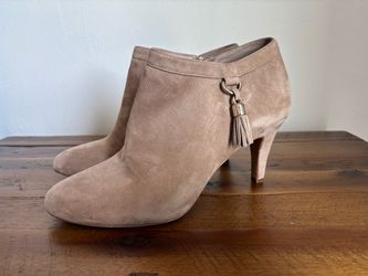 Taupe Suede Heeled Ankle Boots with Tassel