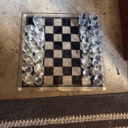 Glass Chess Board And Shot Glasses 