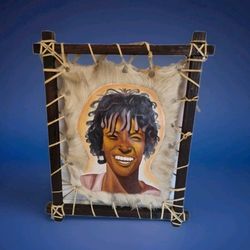 Native Face Painting on Deer Skin with Fur Attached to Rustic Wooden Frame 20x16

