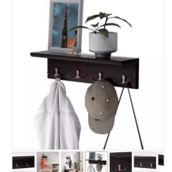 Entryway Hanging Coat Rack w/ 4 Double Hooks Wall Floating Shelf Dark Brown