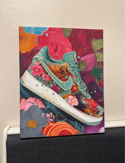 Nike Air Force 1 Canvas Wall Art – Floral & Hand-Painted Glitter Overlays (16" x 20")