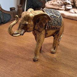 Antique Style Gold Elephant With Mosaic Glass Blanket & Trunk Up For Good Luck 10"L X 7"H X 3.75"W