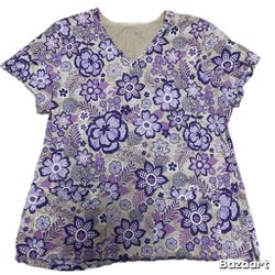 Sz 2x Purple & Tan Floral Scrub Top By Med Couture