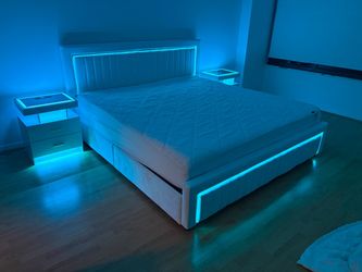 Modern Queen Bed Set with Mattress, LED Lights + 2 Nightstands