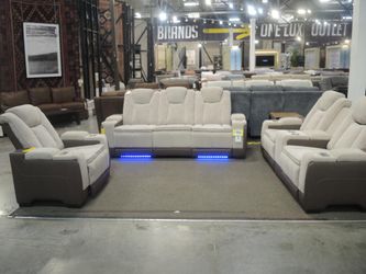 Beige & Brown 3-Piece Power Reclining Sofa Set with LED Lighting & USB Consoles