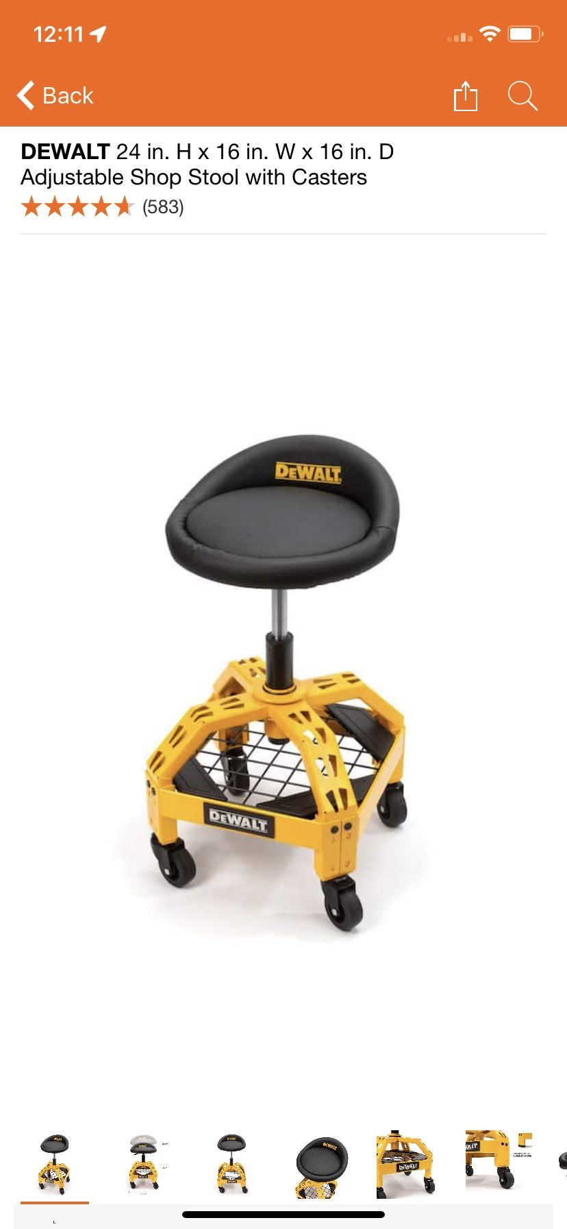 DEWALT 24 in. H x 16 in. W x 16 in. D Adjustable Shop Stool with Casters