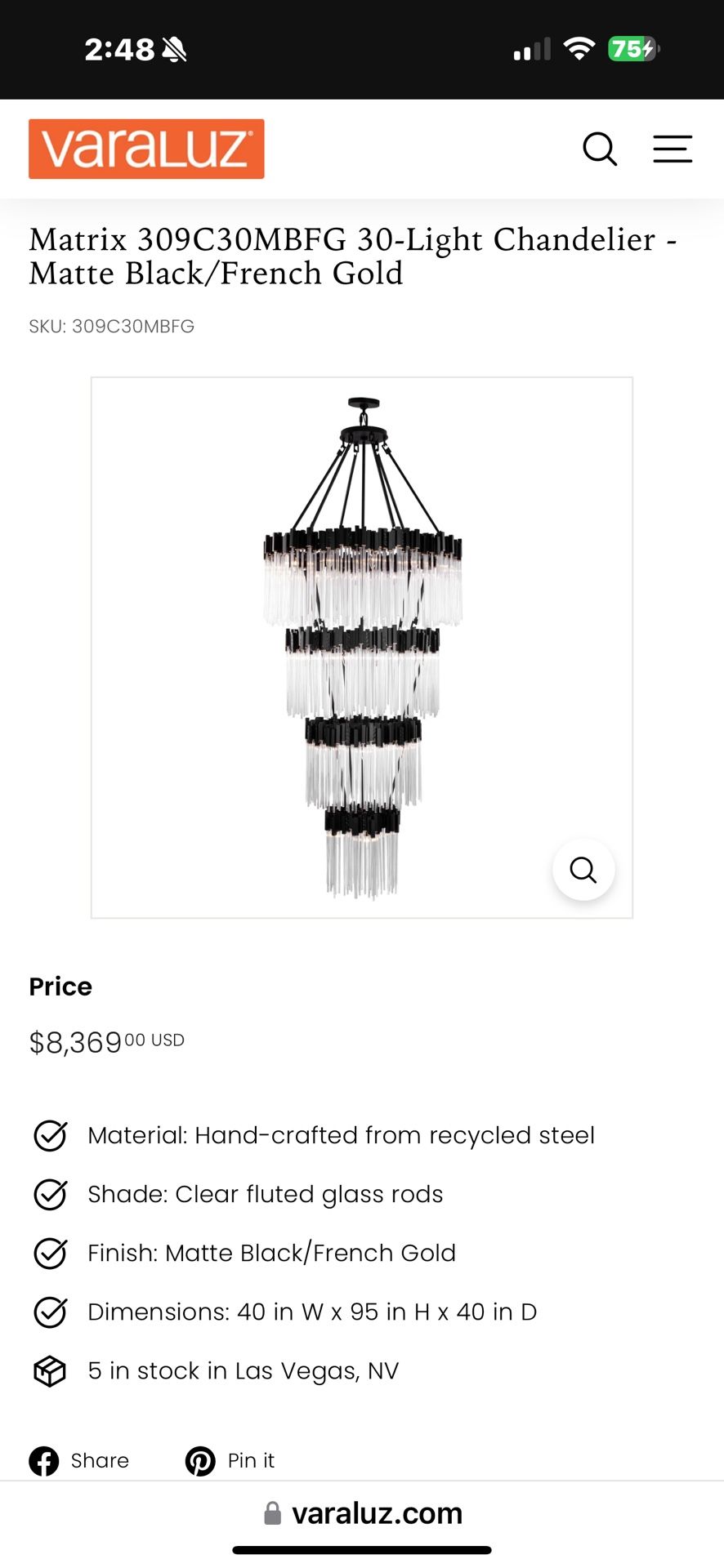 NEW IN BOX VARALUX/ MATRIX COLLECTION. 30 LIGHT CHANDELIER. MATTE BLACK-FRENCH GOLD 40”-w 95”t -40”d 
