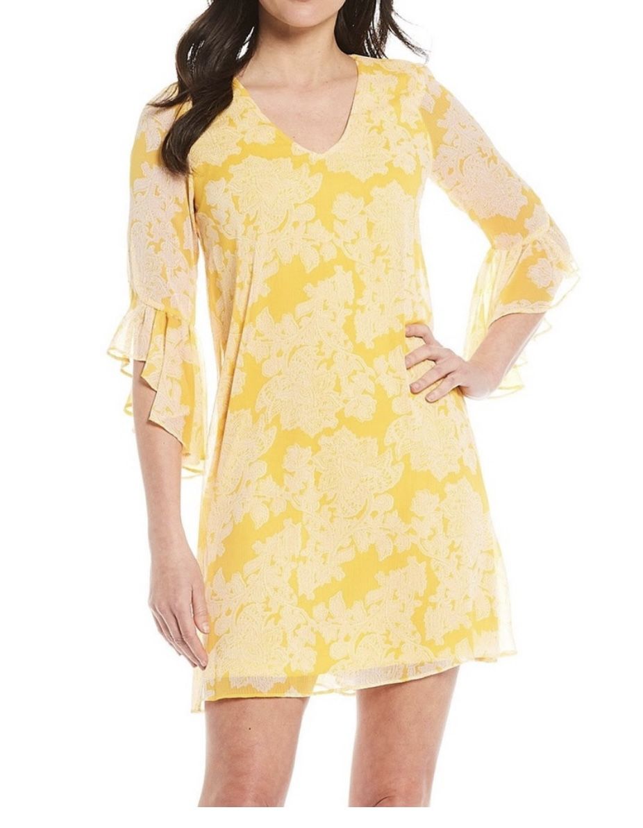 Calvin Klein Yellow Ruffle Sleeve V Neck Chiffon Dress Size 8
