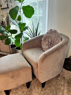Gray Velvet Barrel Armchair and Footstool Set