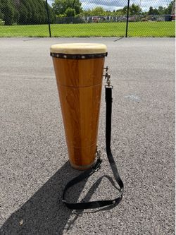Handcrafted Wooden Hand Drum with Shoulder Strap – Natural Skin Head – 22” Tall