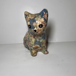 Vintage Floral Cat Figurine Decoupage Style Ceramic Decorative Statue