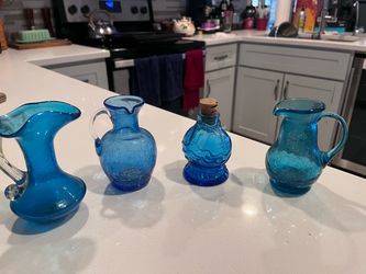 Set of 4 Blue Crackle Glass Vases and Pitchers