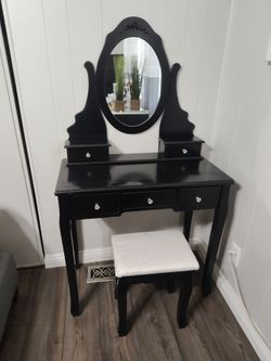 Black Vanity Table Set with Mirror & Stool
