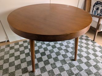 Circular Wooden Dining Table with 4 White Molded Mid Century Chairs
