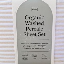 New Threshold Organic Cotton Washed Percale Sheets Set Khaki White Stripes King