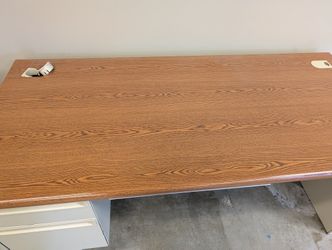 Rectangular Wood Grain Laminate Office Desk with Metal Drawers