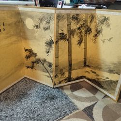 Vintage Japanese  Koshi-Byobu Hand Painted On Silk 4 Panel