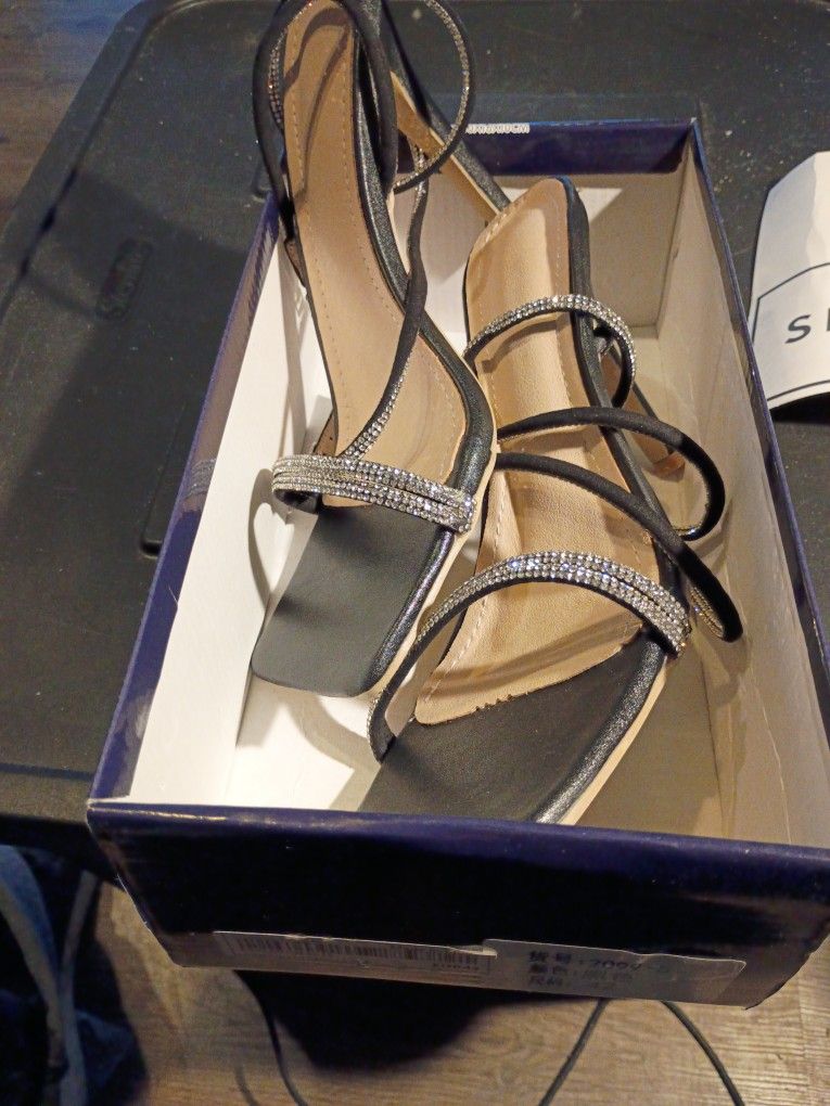 SHEIN. BLACK RHINESTONE STRAP HEELS