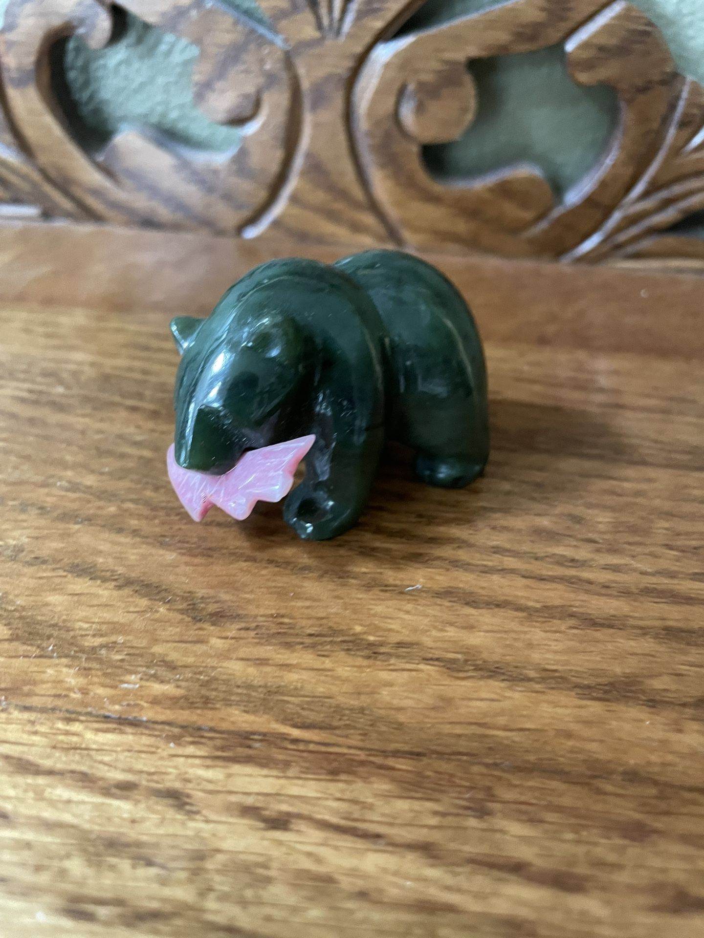 Vintage Hand Carved Canadian Jade Bear with Fish in Mouth