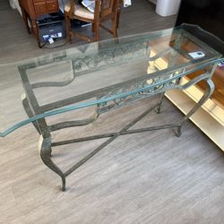 Cast Iron Glass Top Sofa Table  Heavy Scallop Edged Glass Console