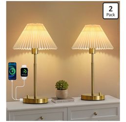 Table Lamp Set of 2: Rechargeable Metal Bedside Gold Table Lamps with Pleated Fabric Shade, Portable Modern Vintage Farmhouse Desk Lamp for Bedroom, L