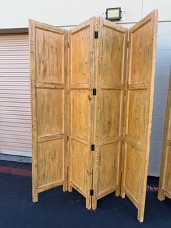 Vintage Pair of Solid Pine 4-Panel Room Divider | Folding Privacy Screen | Orange