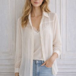 Zara Woman Oyster Opaque Button Down Blouse Size Large Classic Collared Top