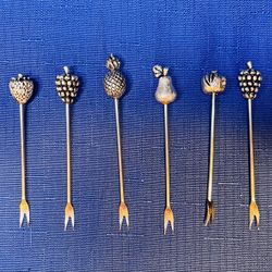 Beautiful Silver Plate Cocktail Appetizer Picks. Fruit Toppers 