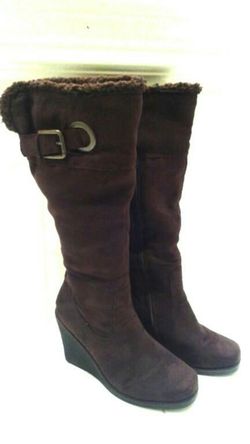 Woman's suede chocolate colored fleece fold down knee high boots