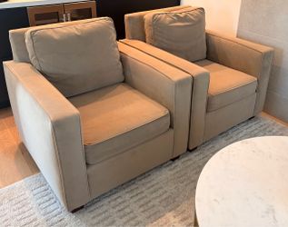 Pair of West Elm Tan Upholstered Club Chairs