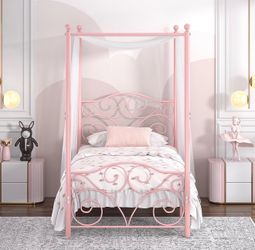 Twin Bed Frame + Mattress: Pink VECELO Canopy Frame + 12” inch Zinus Memory Foam