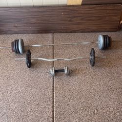 Weights w/straight bar, French Curl Bar, & Dumbbell 