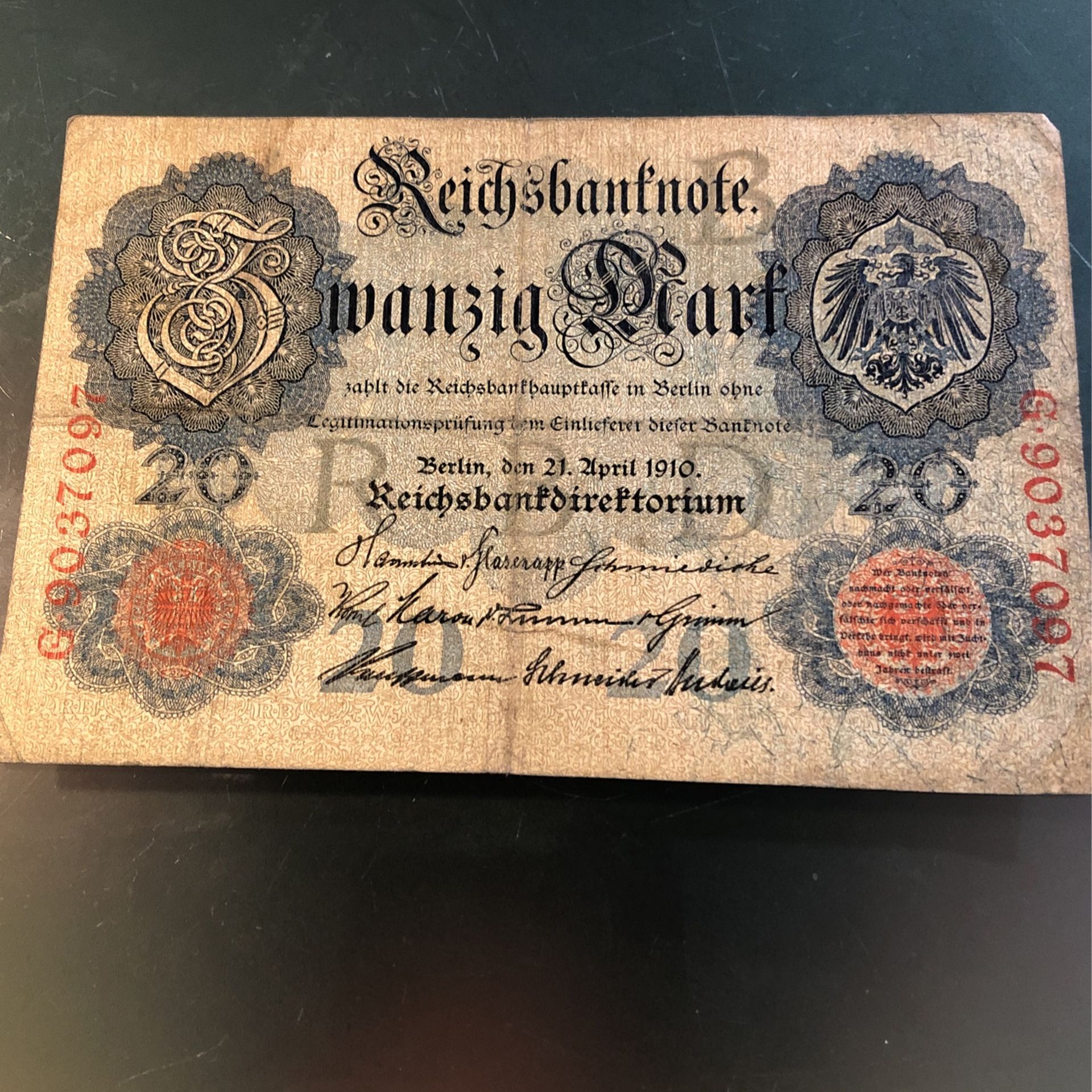 Vintage 1910 German 20 Marks