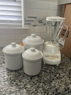 White Blender & White 3 Piece Canister Set.