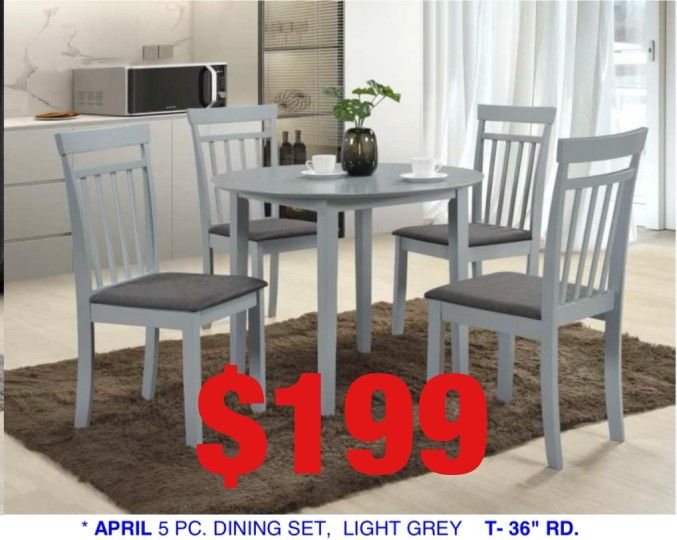 36" round diameter dining set. Available in white & grey. Assembly required.  Assembly not included.  Tax included.  Free local delivery. -$199.