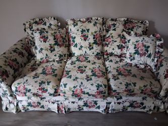 Floral Upholstered Three-Seat Sofa with Pillows