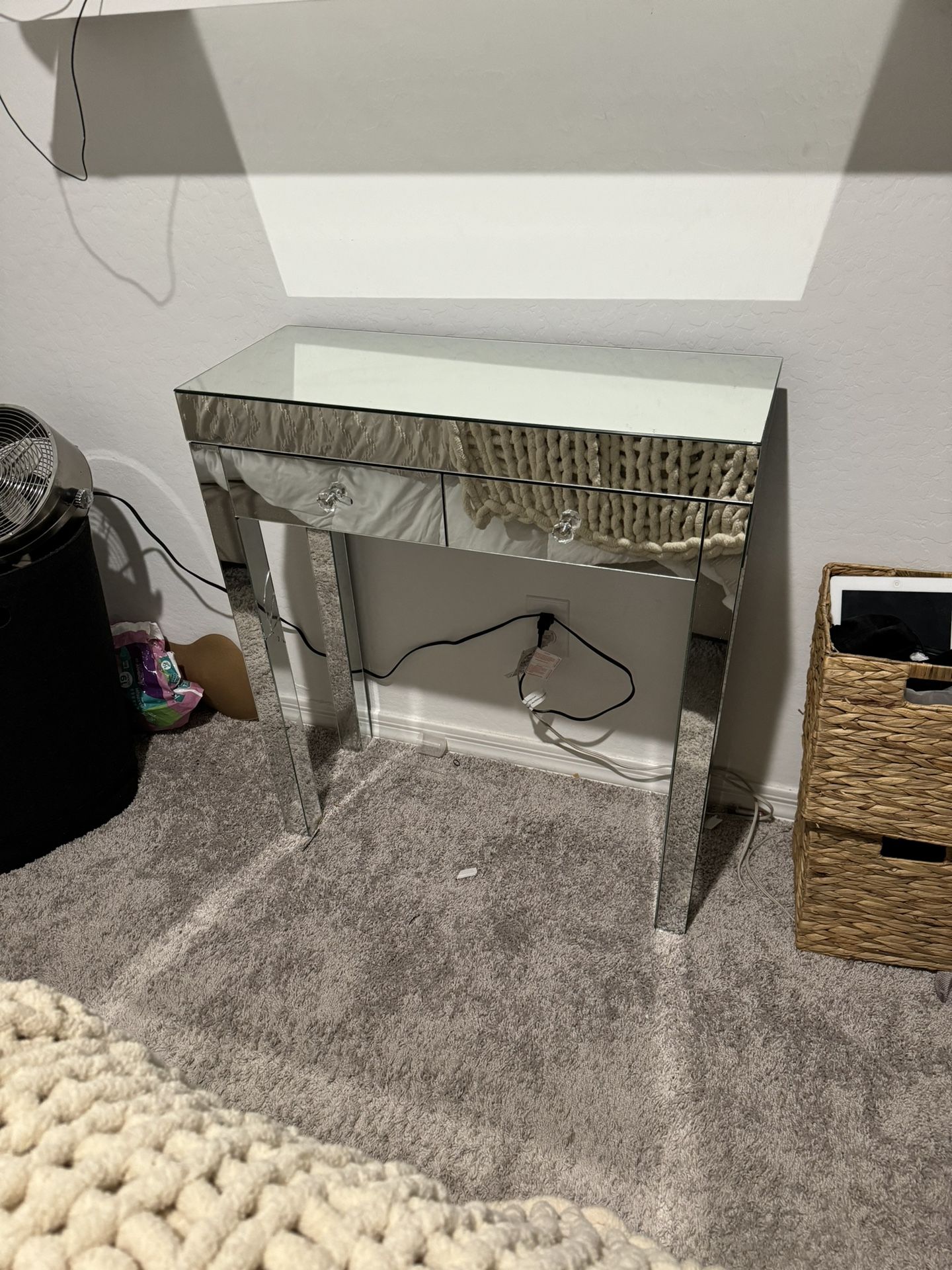 Mirrored entryway table and smaller side table, mirror framed picture