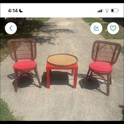 Two Bamboo Chairs And Middle Table In Red 